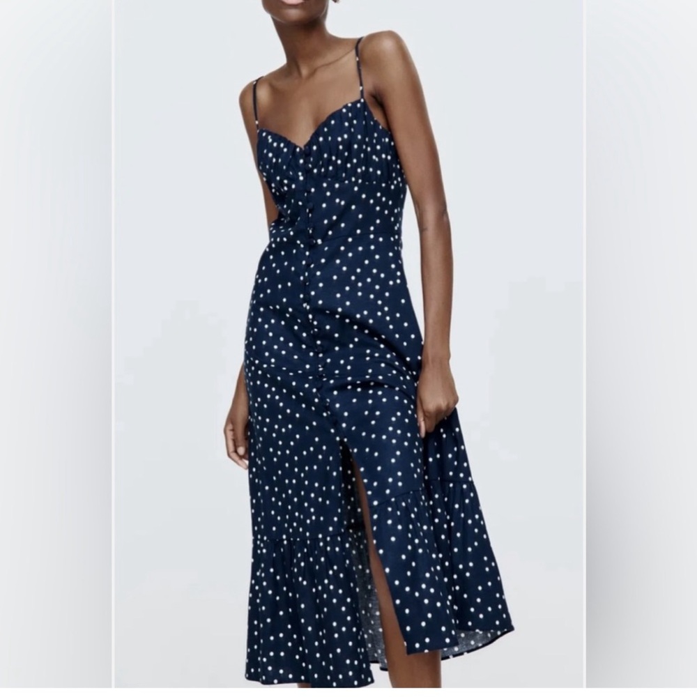Zara Linen Blend Polka Dot Slip Midi Dress Navy